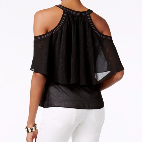 Guess Cherelle Cold-Shoulder Illusion Blouse in Black Sz S - Picture 2 of 9